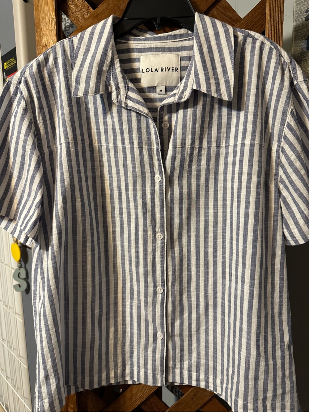 Lola River Navy and White Vertical Stripe Short-Sleeve Button-Down Shirt
